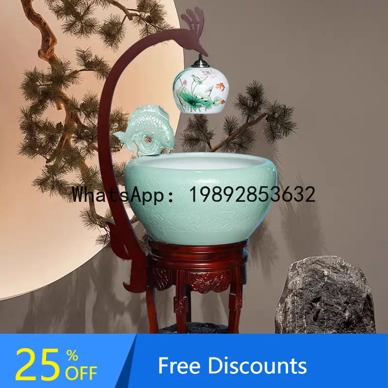 AB  Jingdezhen Ornament Ceramic New Chinese Style Fish Tank Circulating Oxygenation Flowing Water Humidification Floor Fish Tank