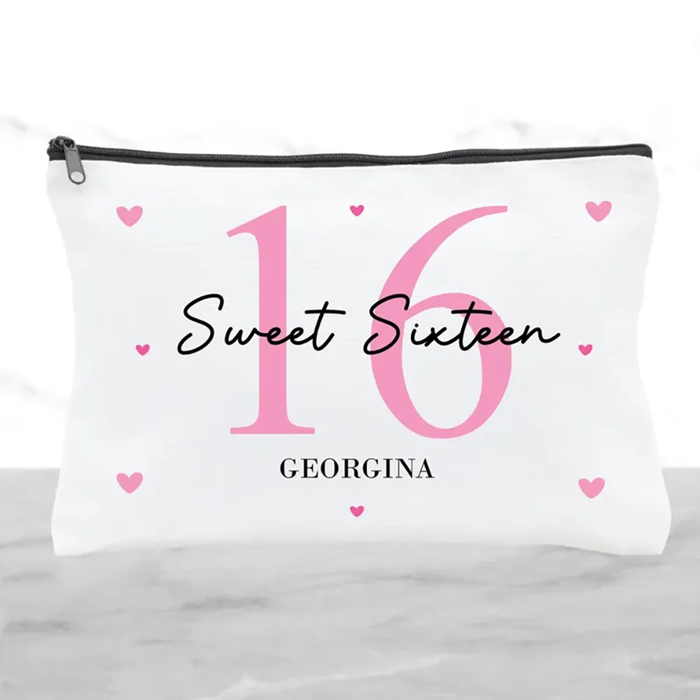 

Custom Sweet 16th Girl Birthday Pink Love Heart Cosmetic Bag Lovely Birthday Gift for Daughter or Classmate Travel Toiletry Bag