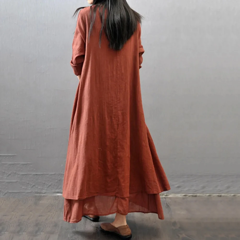 1pc Retro Women's Cotton Linen Maxi Dresses Long Sleeve Irregular Layering Robe Female Casual Loose Long Dress