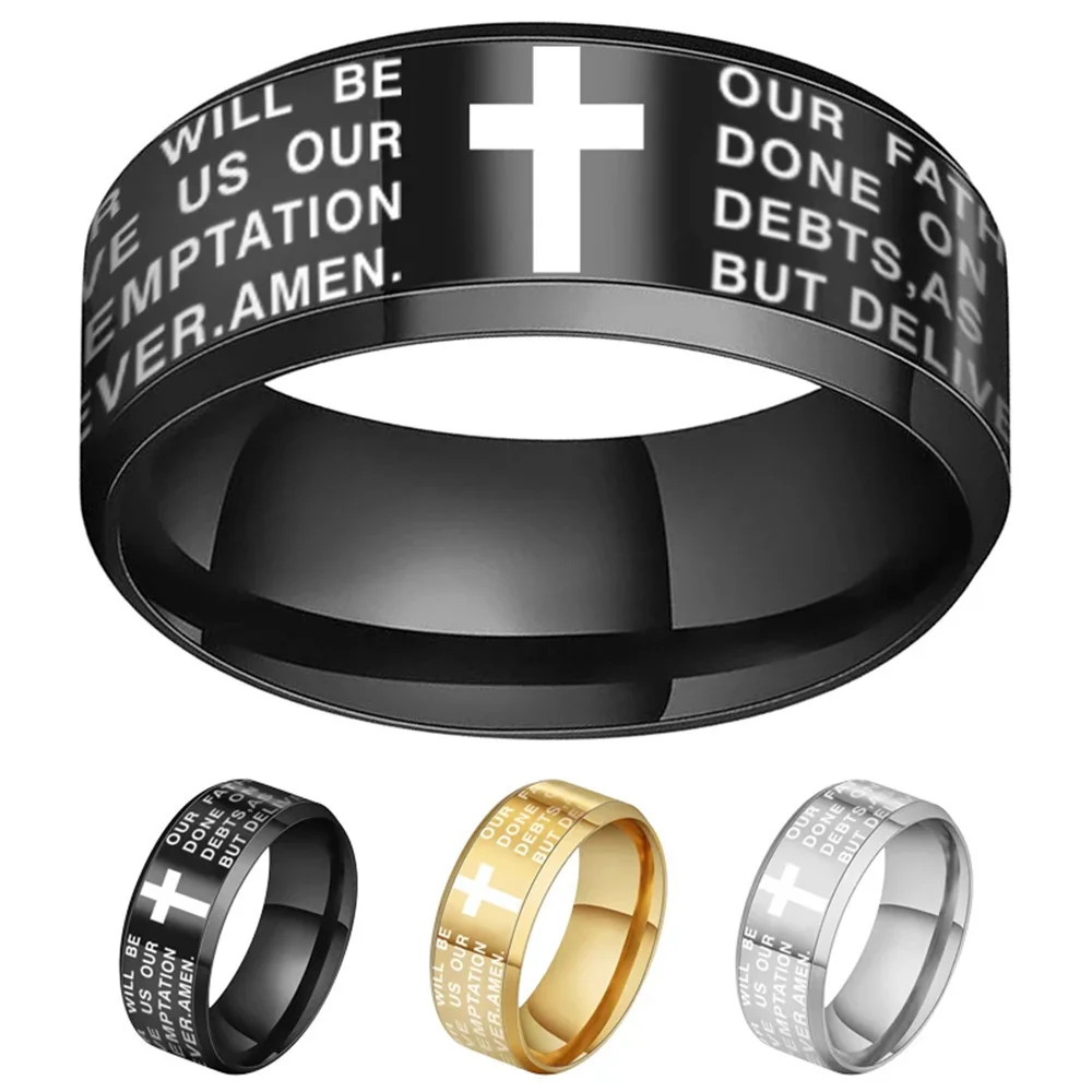 English Titanium Steel Christian Cross Bible Ring for Men and Women Personalized Ring Customize Ring Engraved Ring