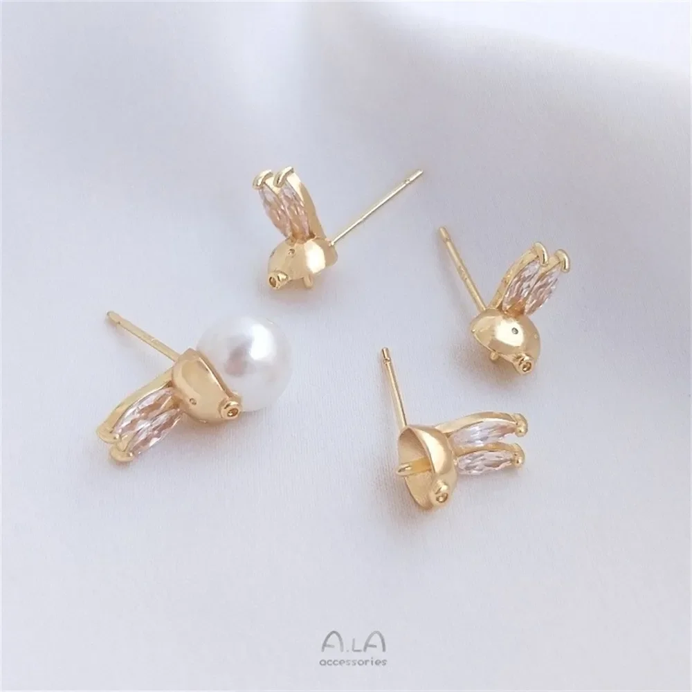 S925 Silver Needle 14K Gold Color Cute Bunny Zircon Rabbit Head Half Hole Bead Holder Earrings DIY Earrings Ear Accessories