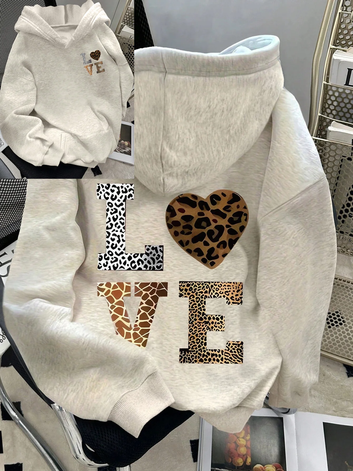 Leopard Print And Giraffe Print Mixed LOVE Letters And Heart Pattern All-Over Print Fashion Women'S Casual Hoodie