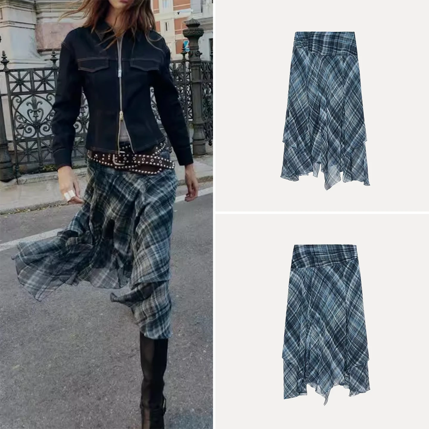 Ele Falda midi a cuadros asimétrica para mujer invierno 2025 nueva llegada Z faldas de mujer Stand Fit uso diario