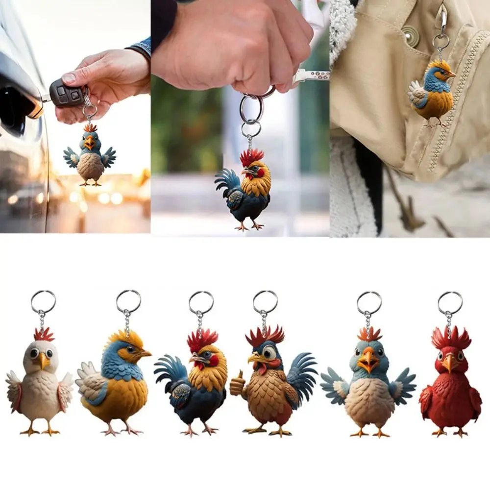 

New Cartoon Cute Car Keychain Flat Backpack Pendant Chicken Key Ring Handicraft Ornaments Acrylic Cock Key Holder Christmas Gift