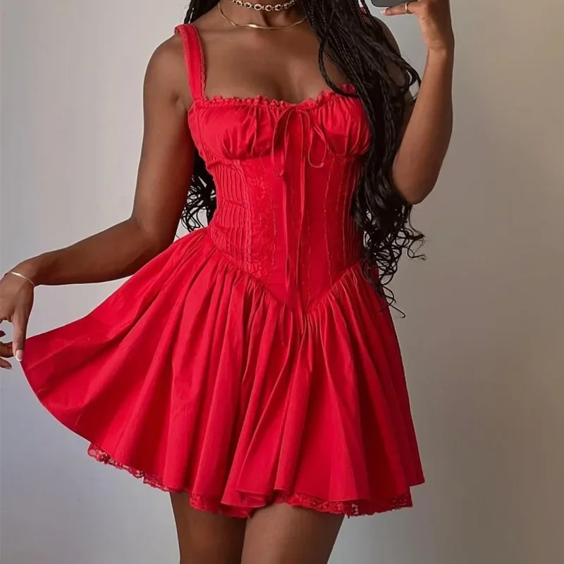 2025 New Summer Sexy Tie Camis Dress Women's Fold Silm Fit Red Mini Dresses Backless Short Shirt Coquette Aesthetic Y2k Clothes