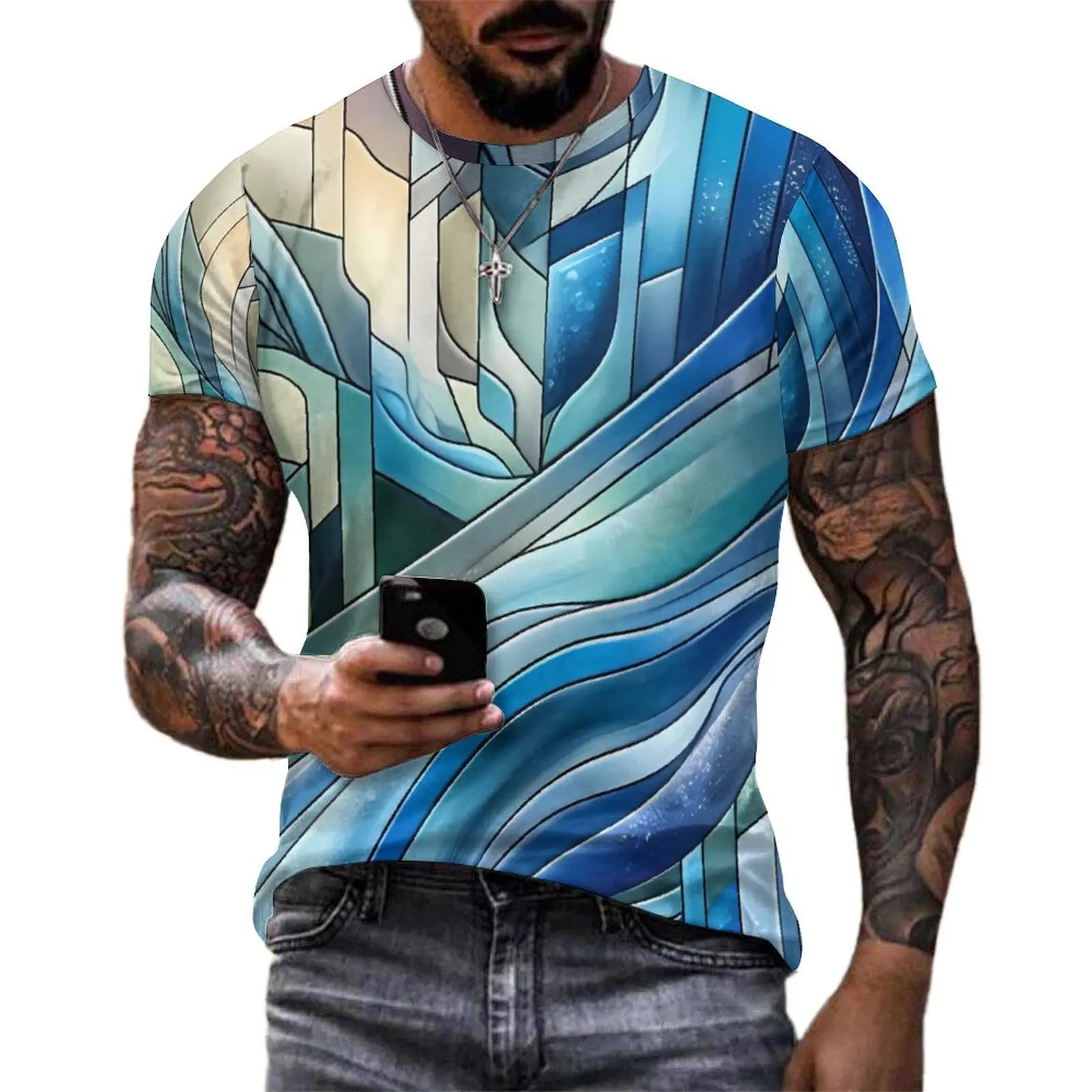 

Contrast Color T-Shirt Geometry Print Fashion T Shirts Man Funny Tshirt Summer Short Sleeves Custom Tees Large Size