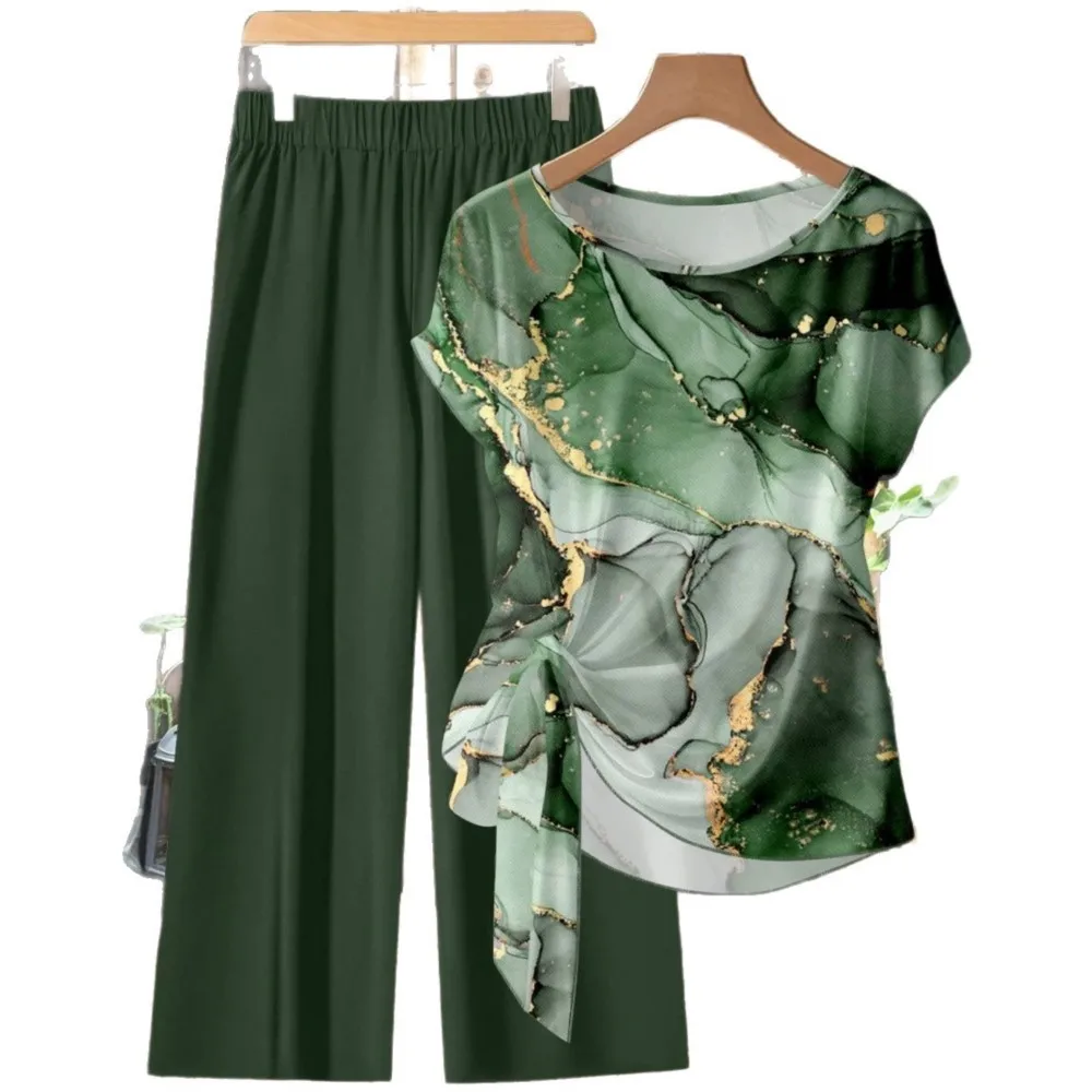 New Printed O Neck Short-sleeved T-shirt Trousers Women's 2-piece Set Fashion Knotted Top Wide-leg Trousers Casual Daily Suit - view 5