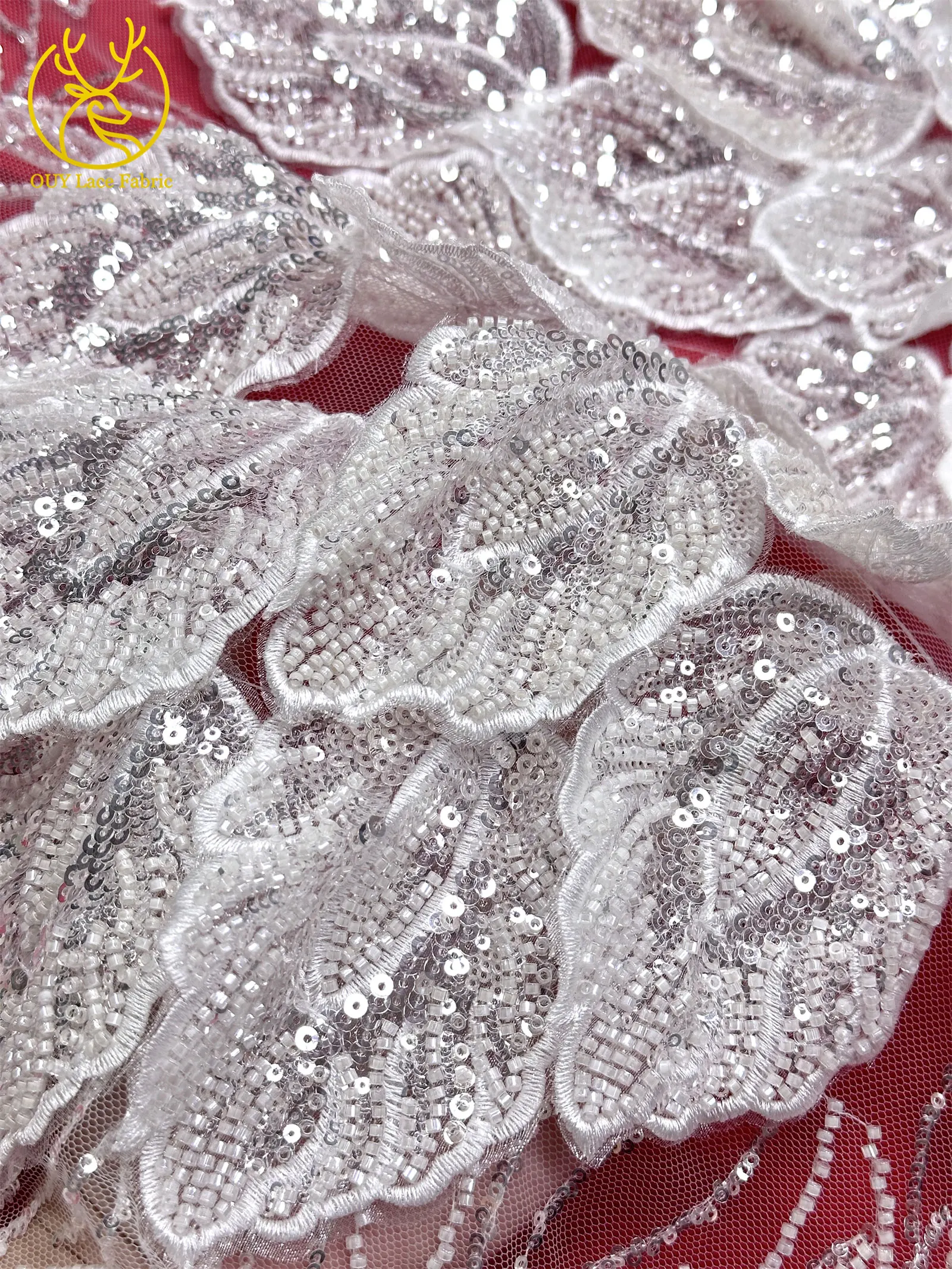 Nigerianischer 3D-Stickerei-Blatt-Spitzenstoff 5 Yards Afrikanische DIY-Stickerei Perlen-Pailletten-Spitze Tüll-Netzspitze Damen-Abendkleid – Detail 13