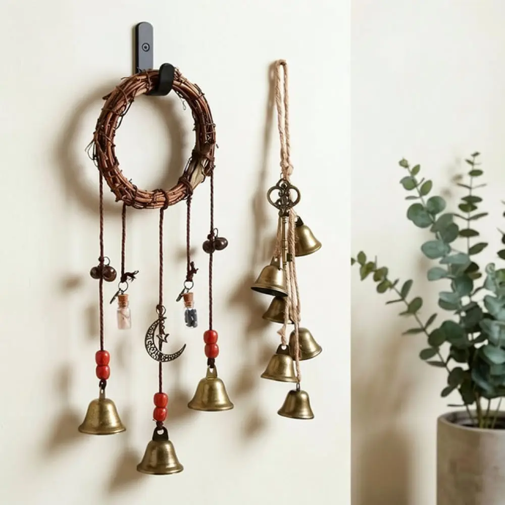 Rustic Handmade Bell Wind Chime Rattan Wreath Hanging Decor Vintage Style Ornament For Home Doorway Window Gift