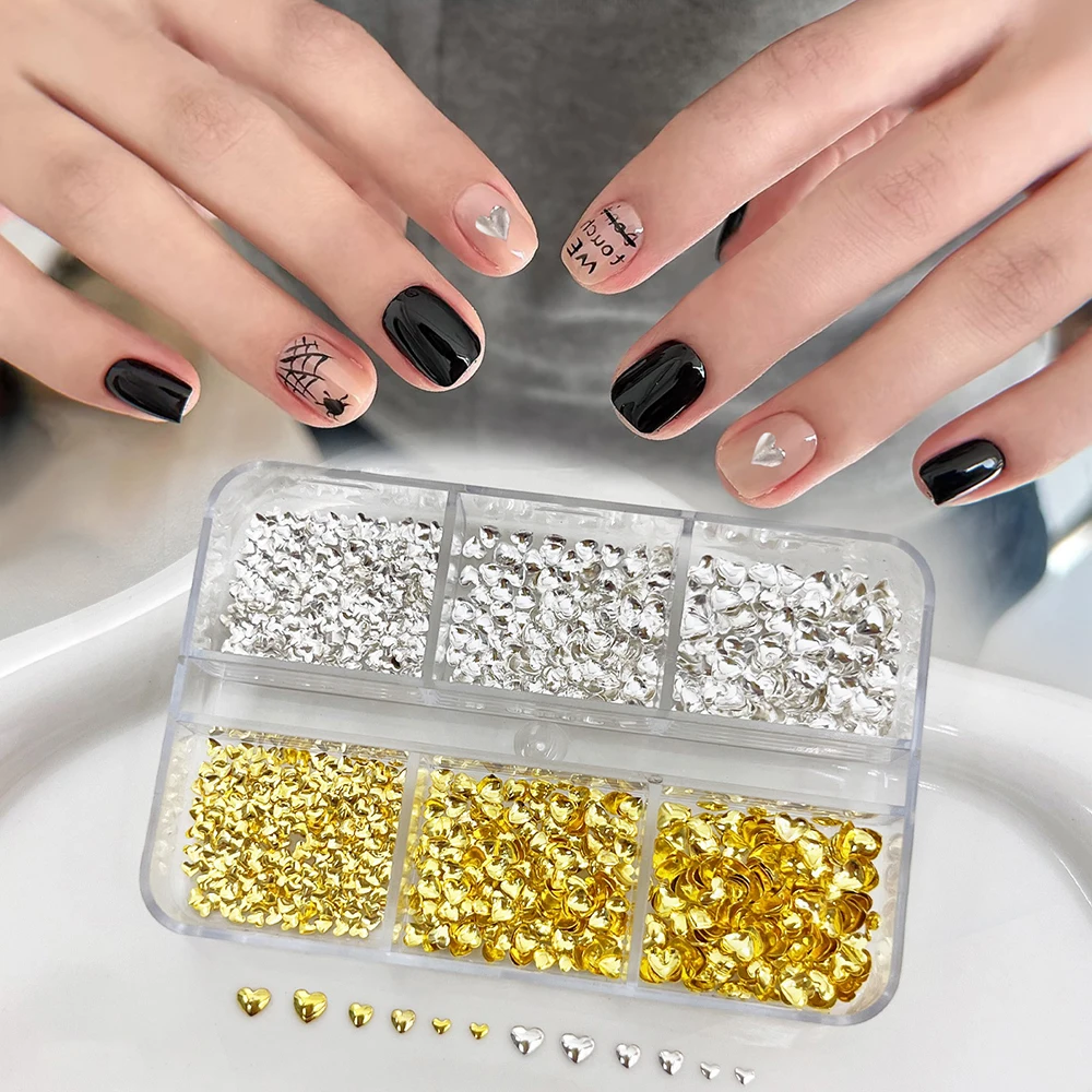 500pcs+ Gold Silver Heart Design Rivet Nail Accessories Set 1-2.3mm Sparkling Metallic Love Flakes Manicure Rivets Studs Charms