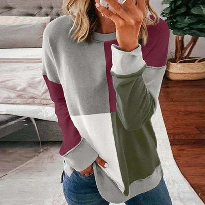 

Women Spring Autumn Vintage Patchwork Sweatshirt Long Sleeve Goth Casual Loose Color Match Pullover Streetwear Female Simple Top