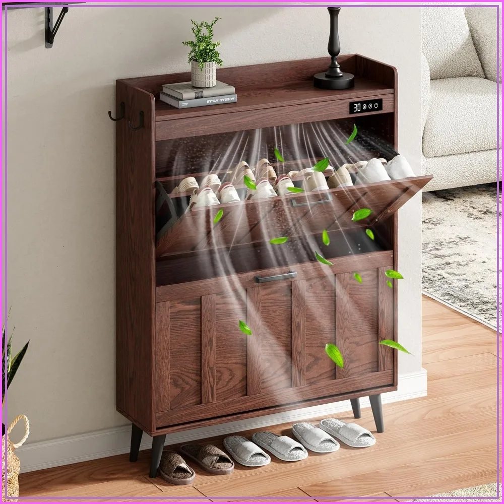 ChooChoo Shoe Cabinet 2 Flip Drawers Deodorizer Narrow Entryway Storage Walnut
