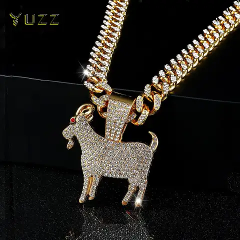 Men Hip Hop Fashion Full Rhinestone Animal Goat Pendant Necklace with 13mm Miami Cuban Chain Necklaces Rapper Rock Jewelry Gift