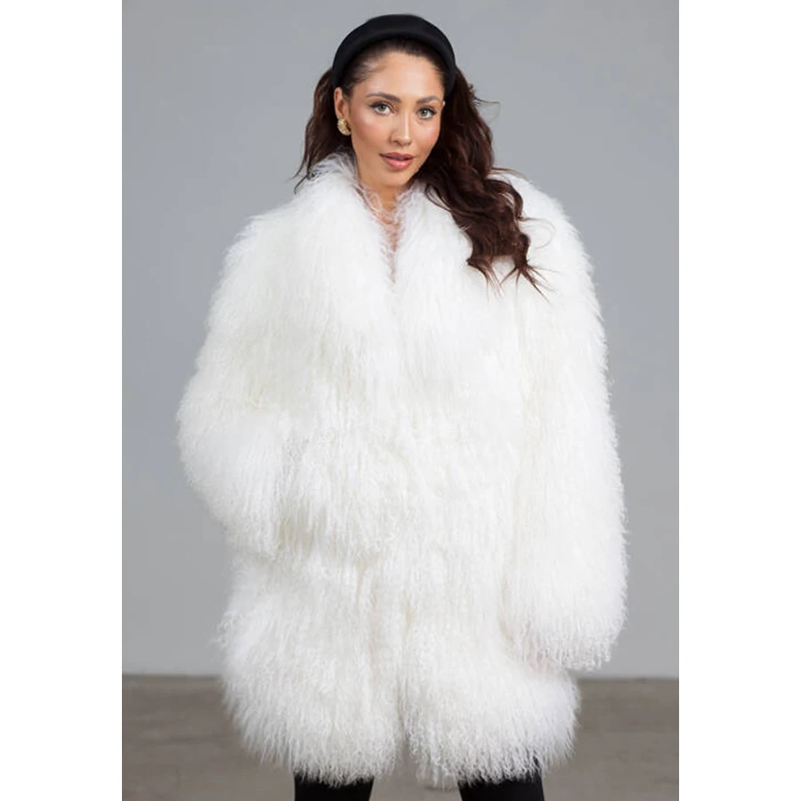 

White Mongolian Fur Coat Women Long Tibetan Lamb Coats Winter Warm Ladies Sheep Skin Jackets Best Selling