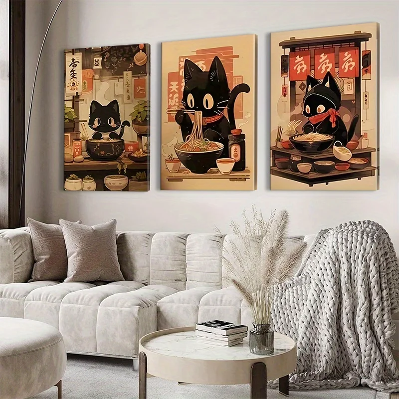 

3pcs Modern Japanese Black Cat Ramen Canvas Wall Art Rectangular Poster for Living Room Dining Room Kawaii Room Decor