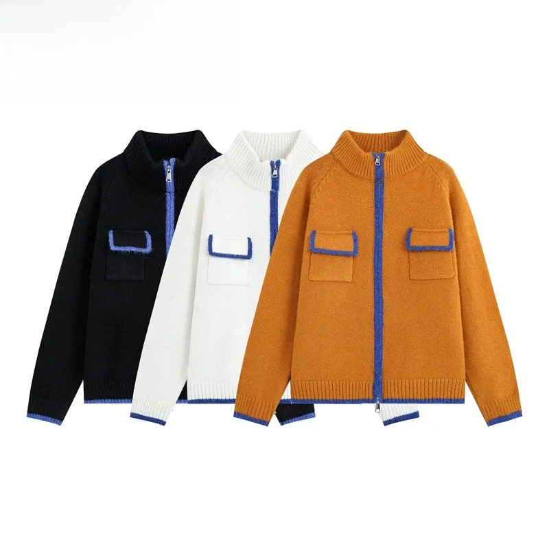 Fashionable Color Block Pocket Zipper Knitted Jacket Women's Versatile Short Outerwear Standard Fit Long Sleeve Polyester