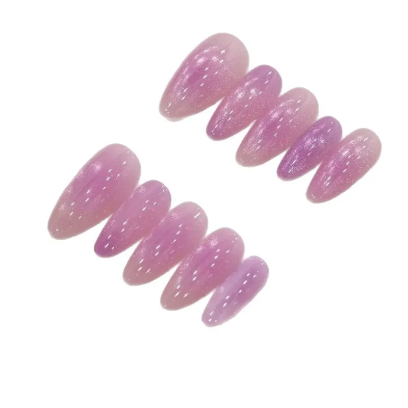 Pink Purple Cat Eye Gradient Press On Nails,Dreamy Glitter Medium Almond False Nails,Fairy Removable Reusable Popular Manicure N view 5