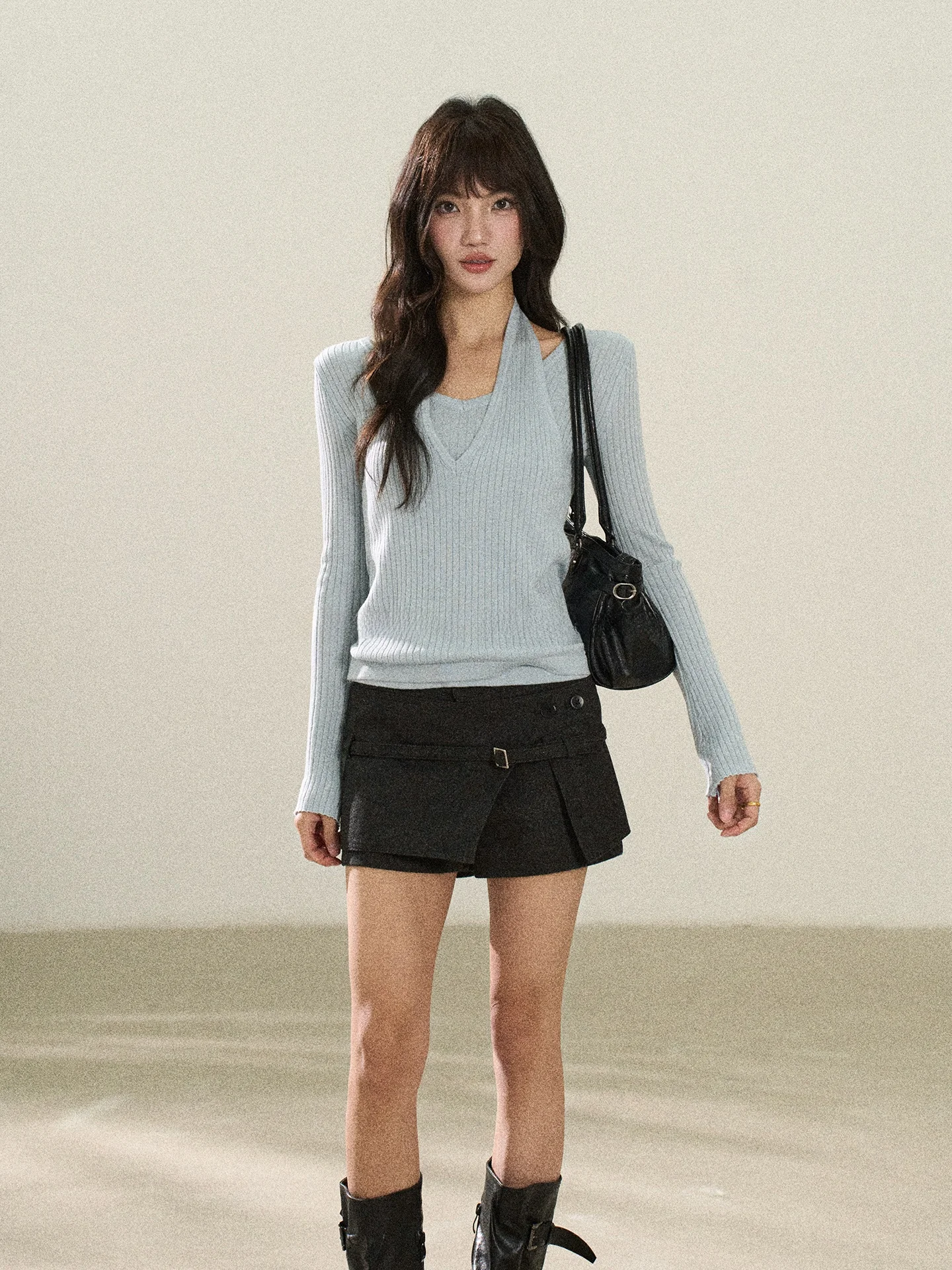 

Floral Design Knitted Top Women's Spring Faion Pure Color Waist-Cinching Fake Two-Piece Knitwear ort Sve Casual Wear