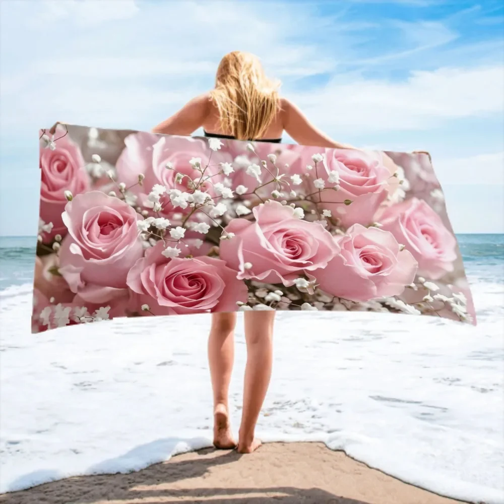 

Romantic Pink Rose Throw Pillow Case, Double Sided 2D Realistic Baby's Breath Print Soft Pillow Cover for Home Decoration