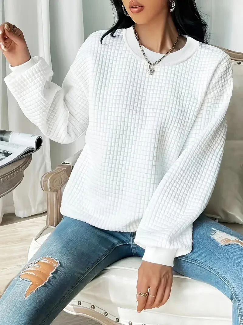 

Women's Comfortable Waffle Knitted Sweatshirt - Casual Loose Style, Round Neck, Long Sleeve - Soft Polyester Blend, Daily Wear