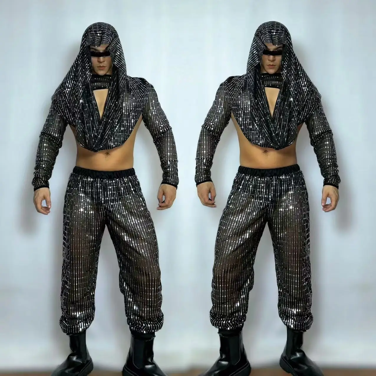 

Sexy Black Sequin Hip Hop Dance Costume Women Transparent Top And Pants Set Nightclub Bar Party Festival Rave Outfit Stage Wear