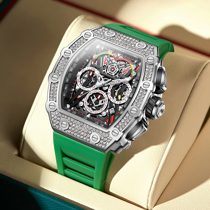 ONOLA 6827D Luxury Wine Barrel Full Diamond Design Fully Automatic Mechanical Watch Men's Calendar Chronograph Watches for Man