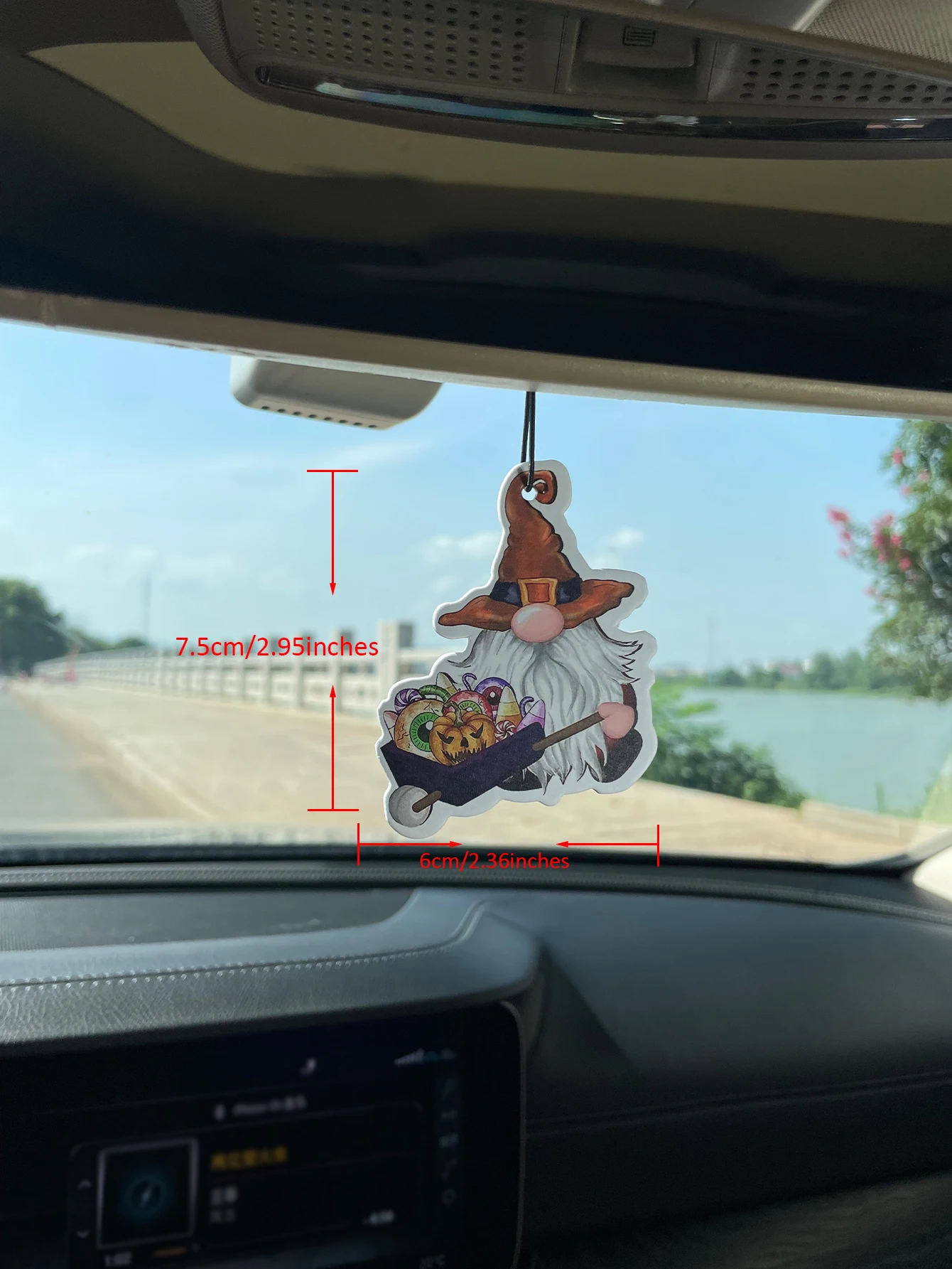 Halloween Gnome With Candy Pumpkin Wheelbarrow Hanging Car Air Freshener, Natural Plant Extract Alcohol‑Free Scented Paper Card,
