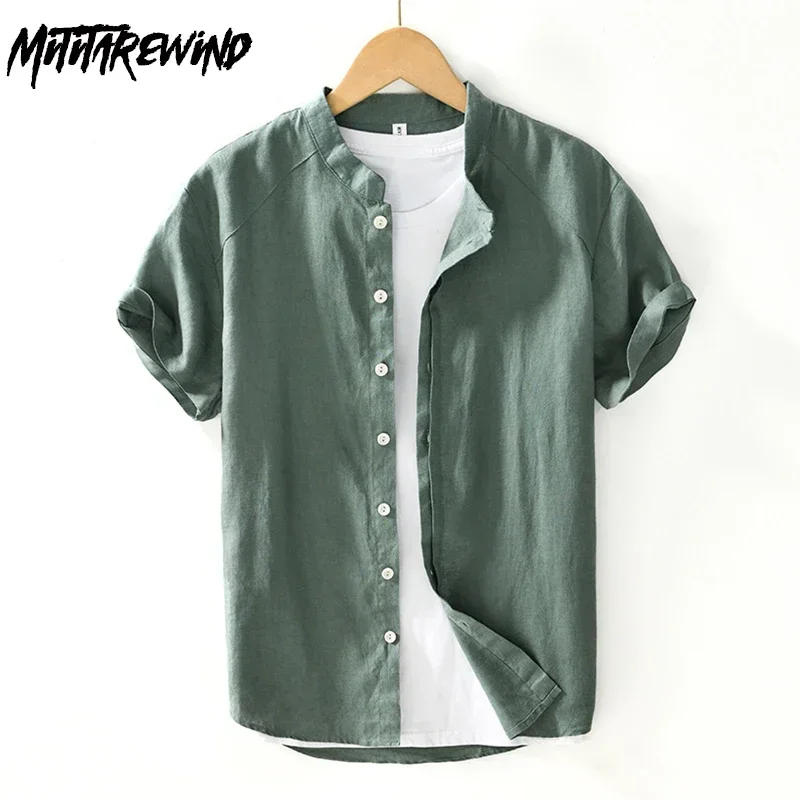 Summer Pure Linen Shirt Men Japanese Casual Short Sleeve Shirts Solid Stand Collar Shirt Beach Breathable Top Man Simple Clothes