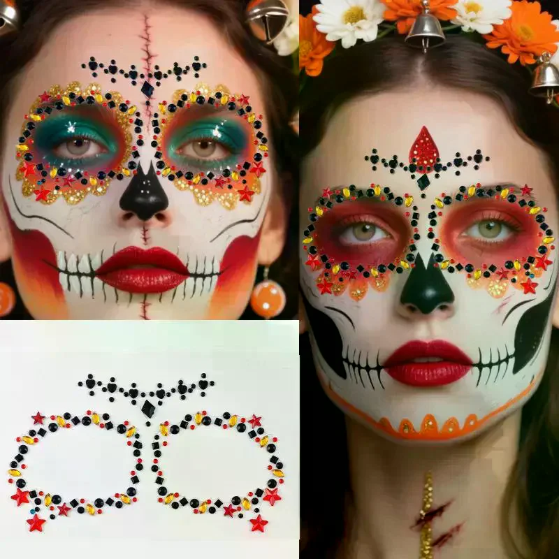 Colorful Flower Skull Face Jewel Stickers With Sparkly Rhinestone Self Adhesive For Halloween Cosplay Makeup