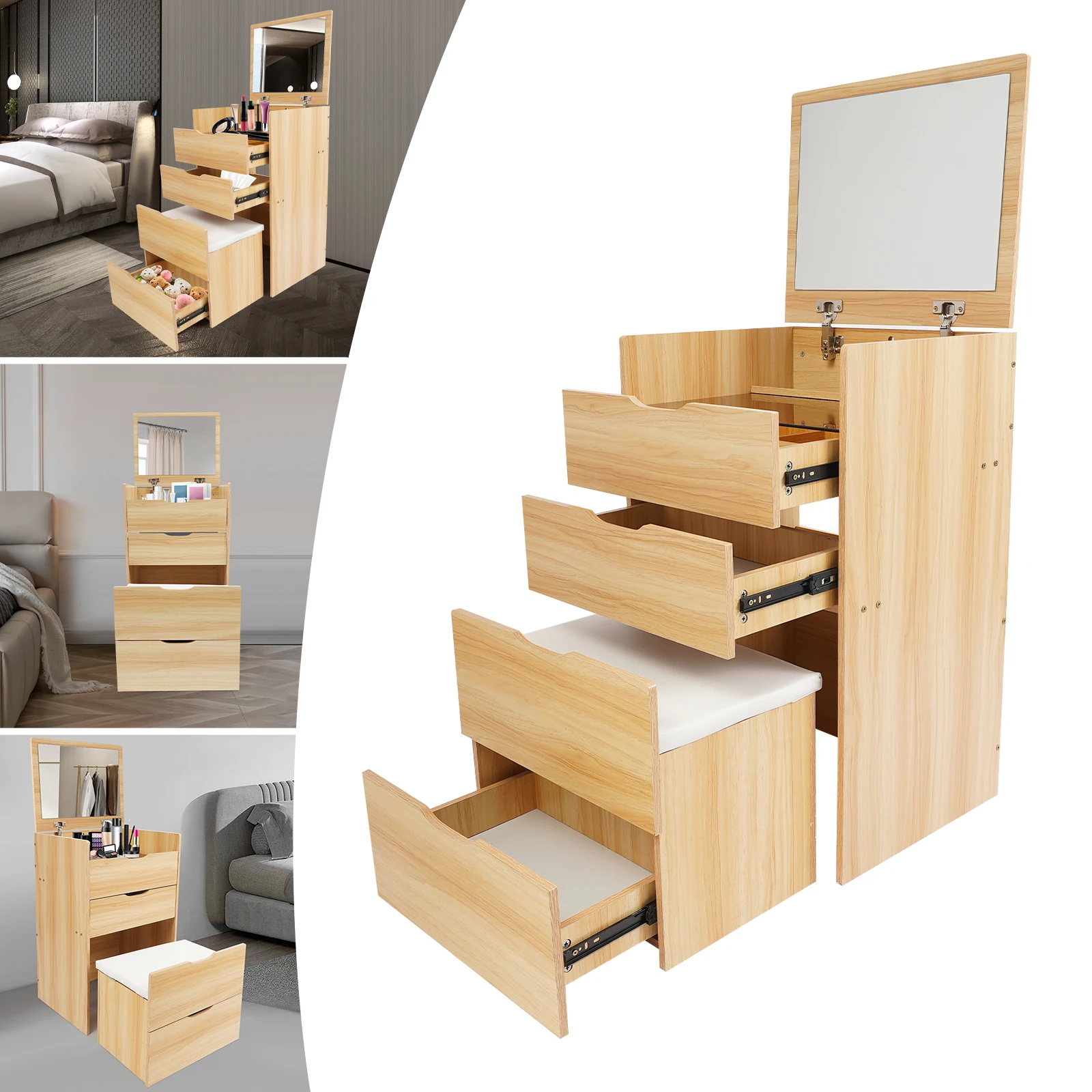 48CM Log Color Vanity Desk with Makeup Stool Makeup Vanity Table for Bedroom Space-saving Simple Installation
