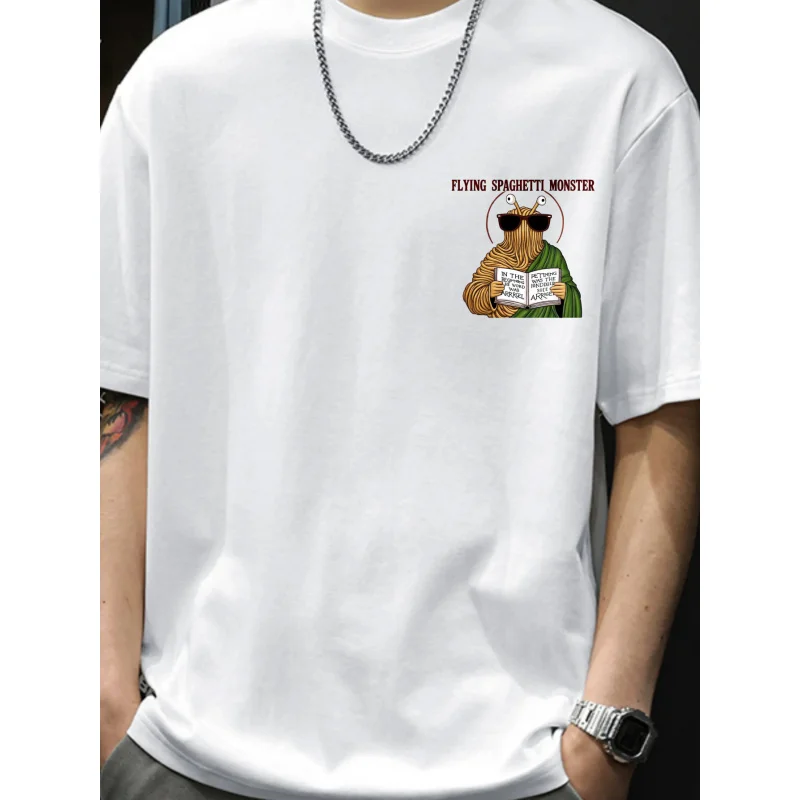 Camiseta para hombre Blanco Flying Spaghetti Monster Patrón impreso y texto Algodón de alta calidad 180g