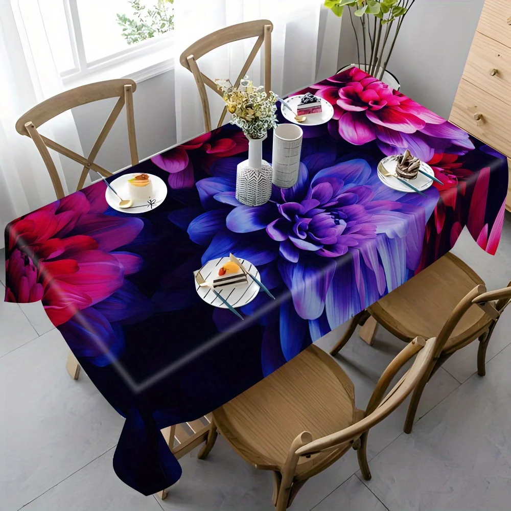 Dark Floral Tablecloth, Dark Background With Colorful Dahlia Blossom Pattern, Waterproof Table Cover for Daily Meals & Party Use