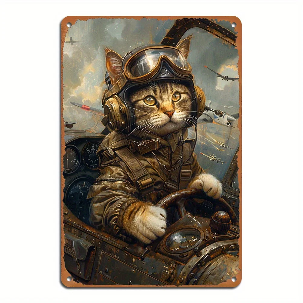 Funny Cat Pilot Aviation Themed Aluminum Tin Label Art Set, ,  Wall Decor for Home, Restaurant, Bar, Cafe, Garage - Weather Resi
