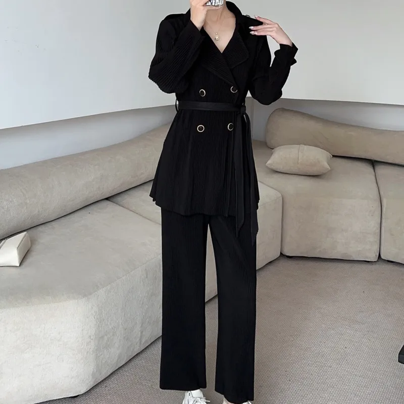 WHTREND Color sólido traje cuello manga larga corbata abrigo + Pantalones rectos de cintura alta conjunto de dos piezas otoño primavera nuevo