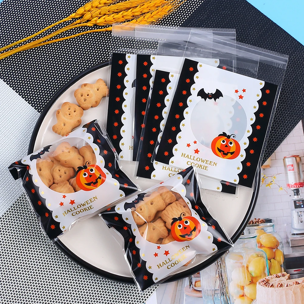 100Pcs Halloween Candy Bags Self Adhesive Cookie Bags Snack Gift Craft Packing Treat Bags Party Supplies