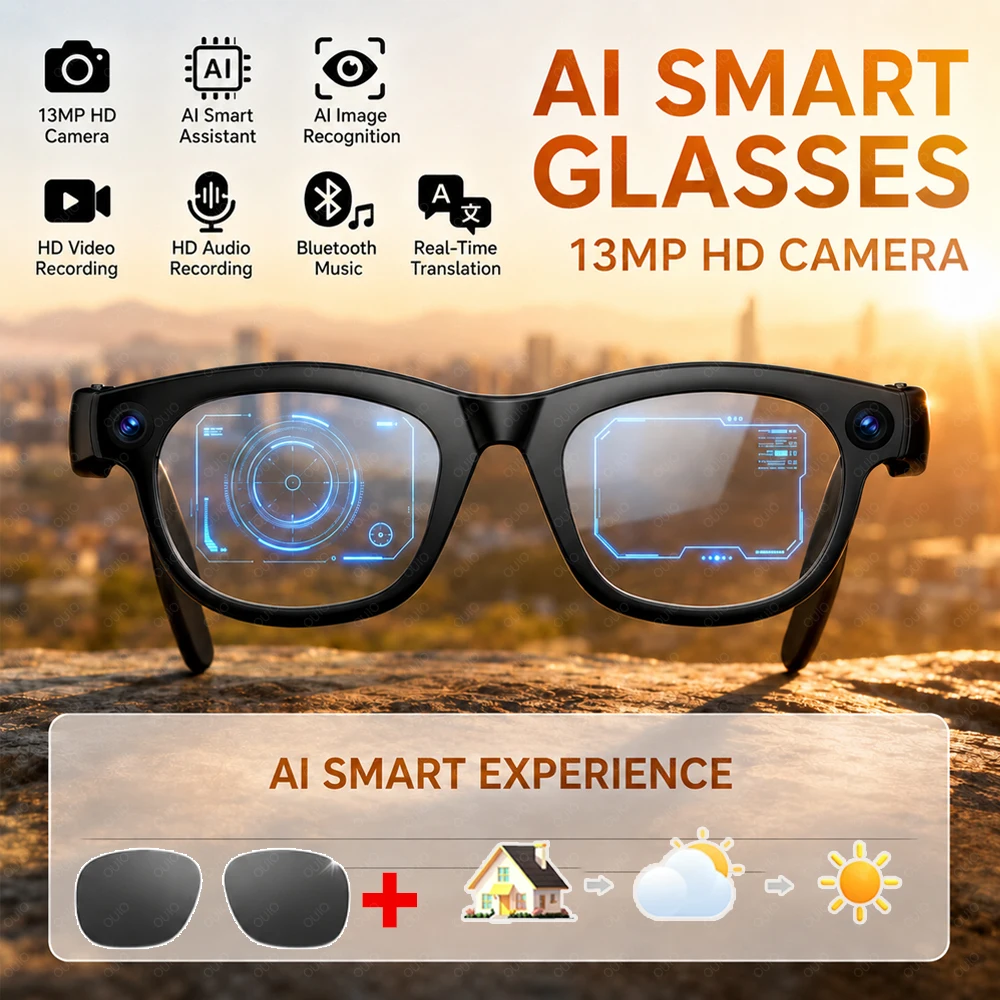 AI Camera Glasses 13MP First-Person Photo Video Real-Time Translation Image Recognition Battery Life Smart Glasses Free Lenses