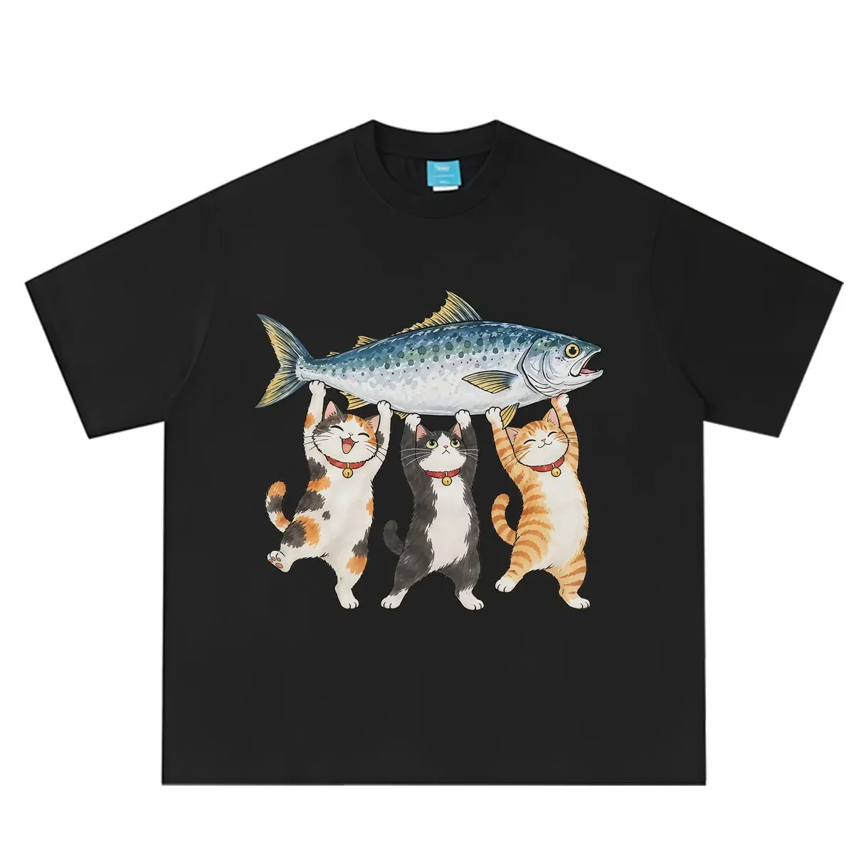 Three Cats Carrying Giant Fish Funny Cat Fishing T-Shiromen Hip-hop T Shirt Short-sleeved Loose Casual T-shirts