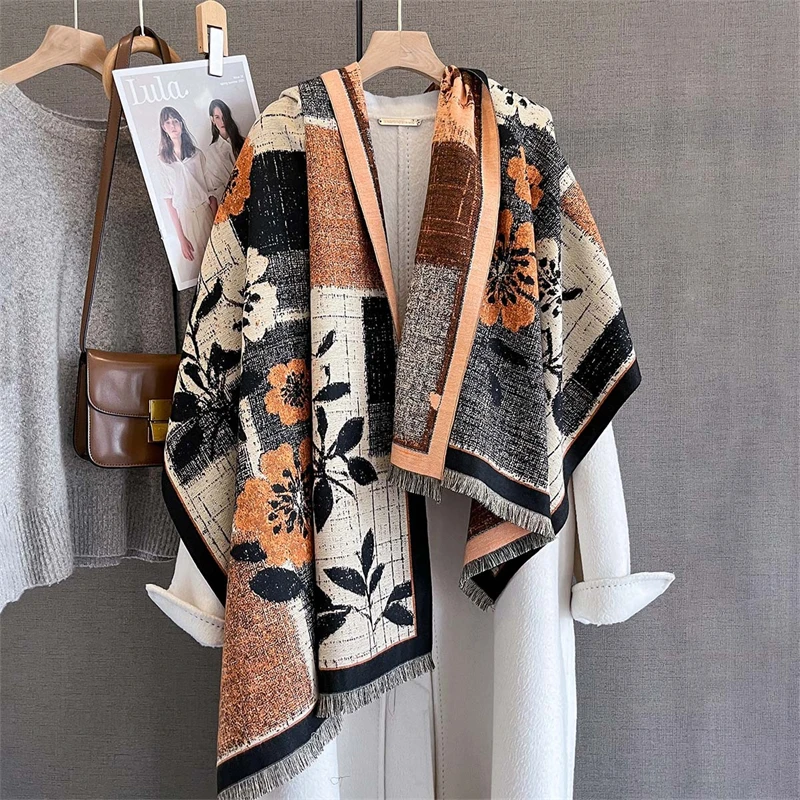 

Женский зимний шарф, кашемировые шали и накидки из пашмины, Bufandas, теплые толстые шарфы с цветочным принтом, одеяло для женщин, новинка 2023 года