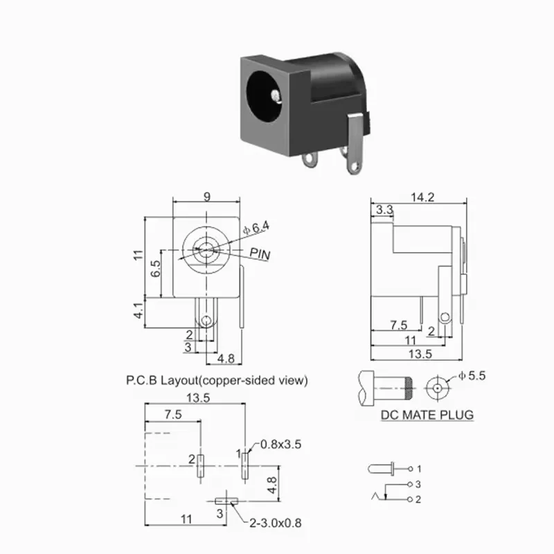 5/10pcs 5.5x2.1 5.5x2.5mm DC-005 Black DC Power Jack Socket DC Connectors Supply Barrel-Type Right Angle PCB Mount Terminal