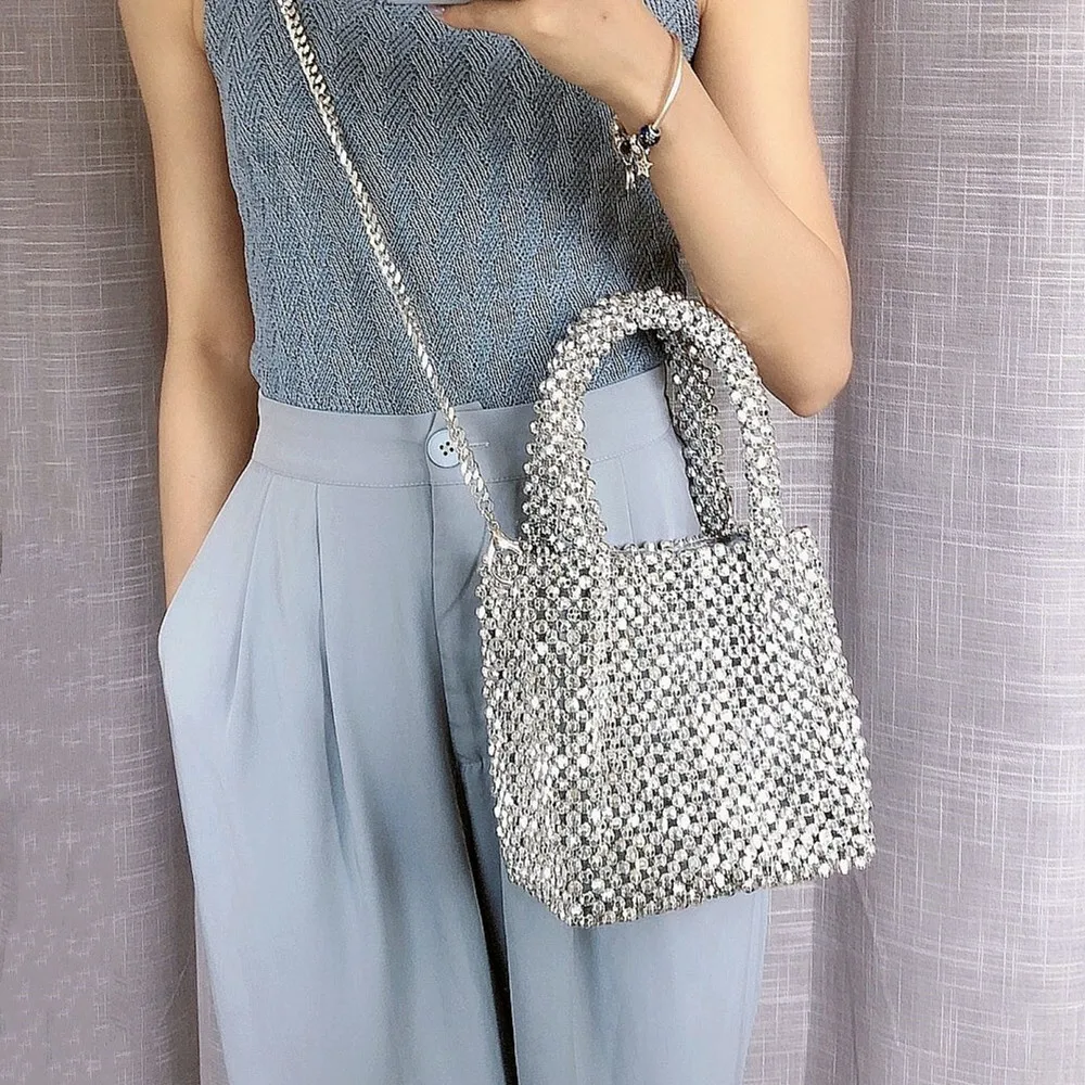 Pearl Bucket Designer Bags Summer Handmade Beach Ladies Bags Handbag Fashion Silver Bead Cute Purses and Handbags for Women