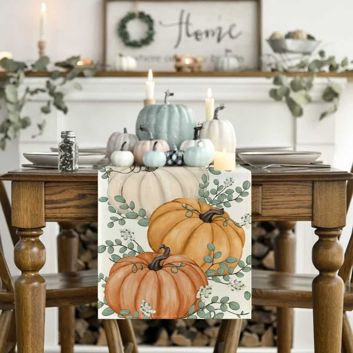 Orange Pumpkins Eucalyptus Leaves Fall Table Runner  Autumn Thanksgiving Kitchen Home Dining Table Decoration for Party Decor