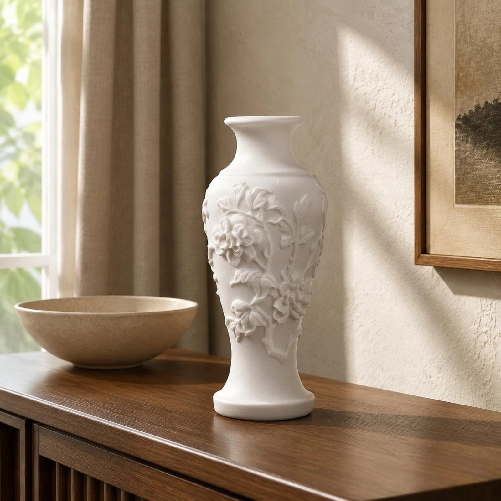 

Carved Vase White Floral Relief Vase Home Decor Artificial Elegant