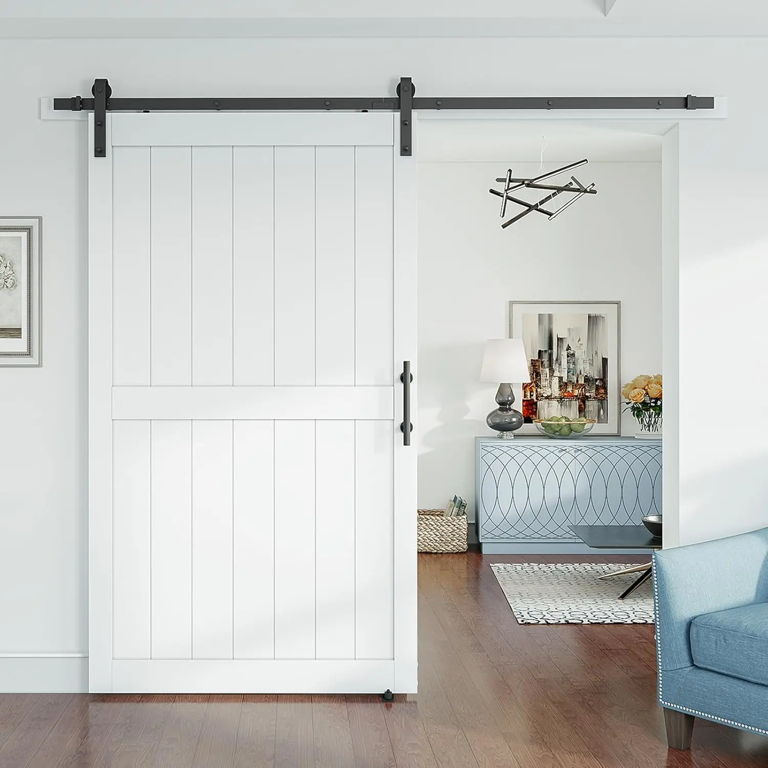 Smartstandard 48 X 84 Inch White Slidng Mdf Barn Door With 8Ft Black Sliding Door Hardware Kit & Handle, Pre-Drilled Ready To