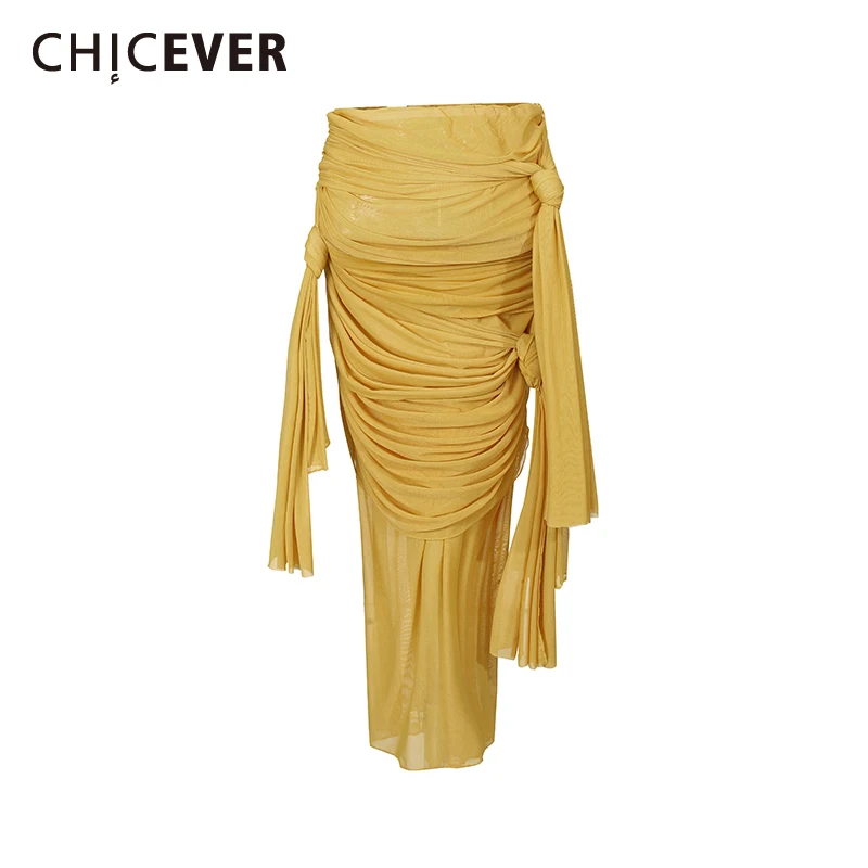 CHICEVER Yellow Spliced Bandage Temperament Skirt Female High Waist Slimming Irregular Design Women's Skirts Autumn Fashion New