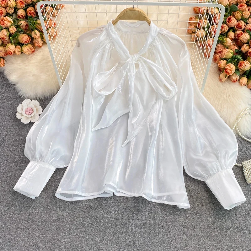 Fashion Temperament Tops Women Autumn New Fairy Loose Blouse Woman Bow V-neck Solid Color Blusas Mujer De Moda 2026