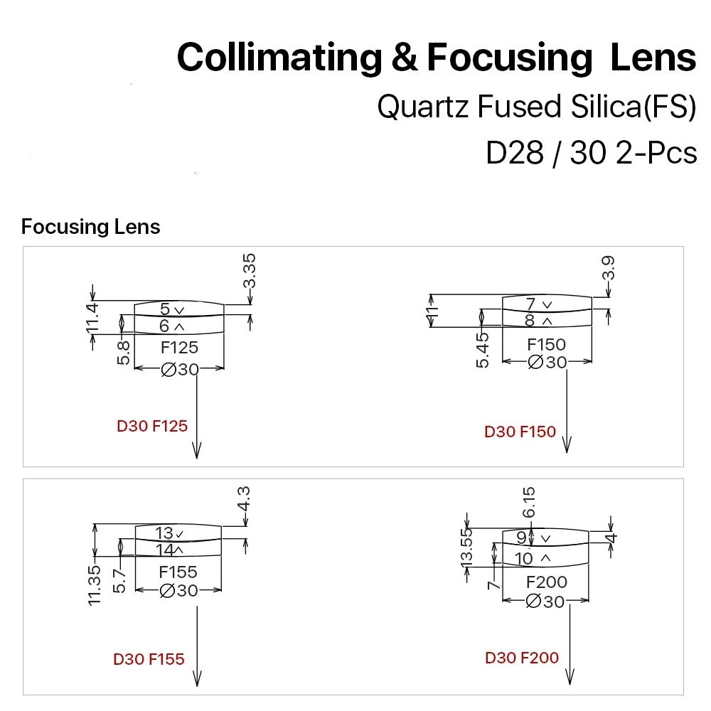 Laser Collimator & Focusing Lens D28/D30 F100/F125/F150/F200 1064nm for Raytools 1500W WSX Bodor Laser Head BM110 BM114 BT240S