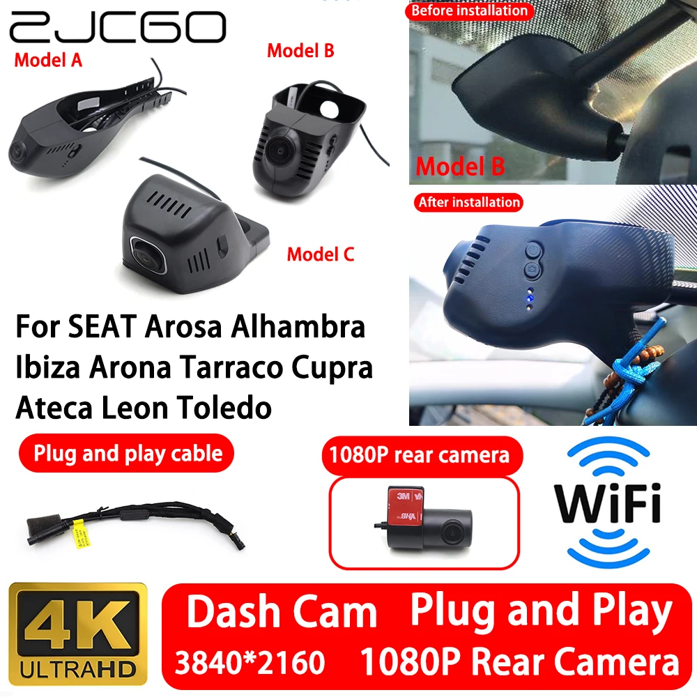 for SEAT Arosa Alhambra Ibiza Arona Tarraco Cupra Ateca Leon Toledo 4K 2160P Front Rear Camera Dash Cam Wifi Plug and Play