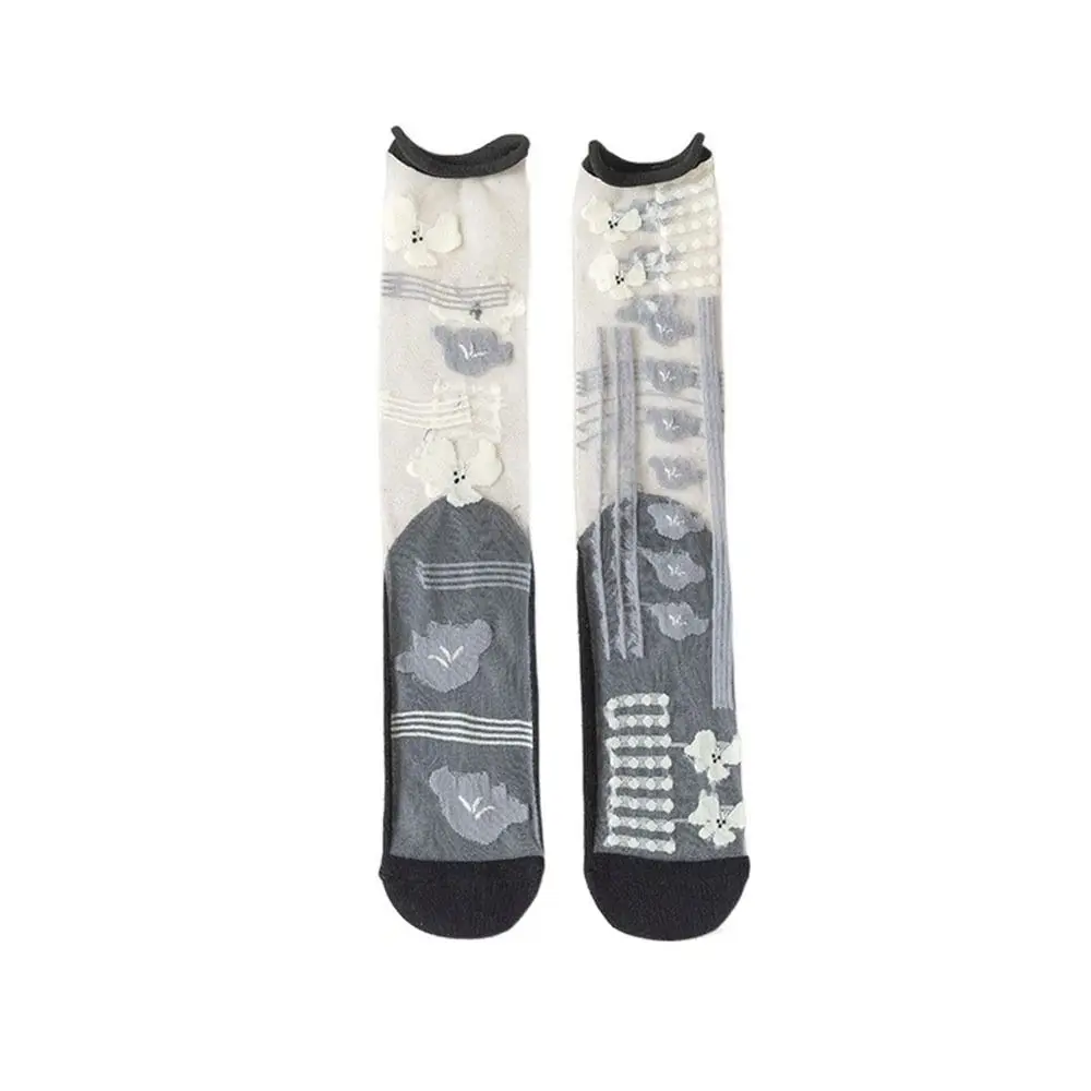 Calcetines de seda de cristal asimétricos para mujer, medias de tubo medio, medias florales, malla de verano