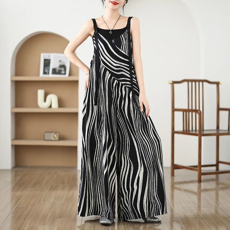 Retro Faionable Loose Thin Strap Rer Summer Wear High Waist Wide Leg Pants Long Pants High Waist All-Match Casual Pants