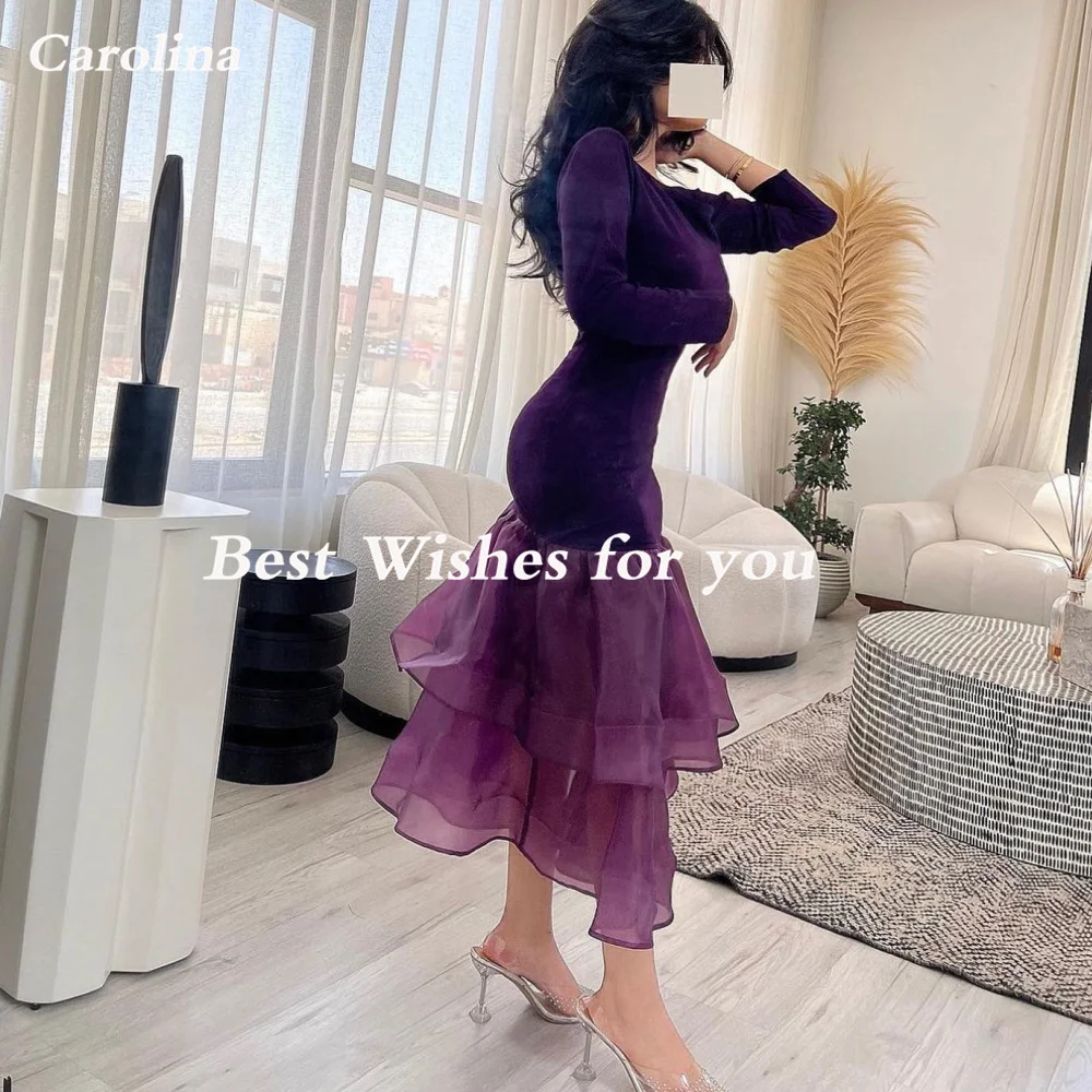 Carolina O-Neck Evening Dresses Women Saudi Arabia Satin Long Sleeves Tiered Vintage Wedding Guest Elegant Formal Party Gowns